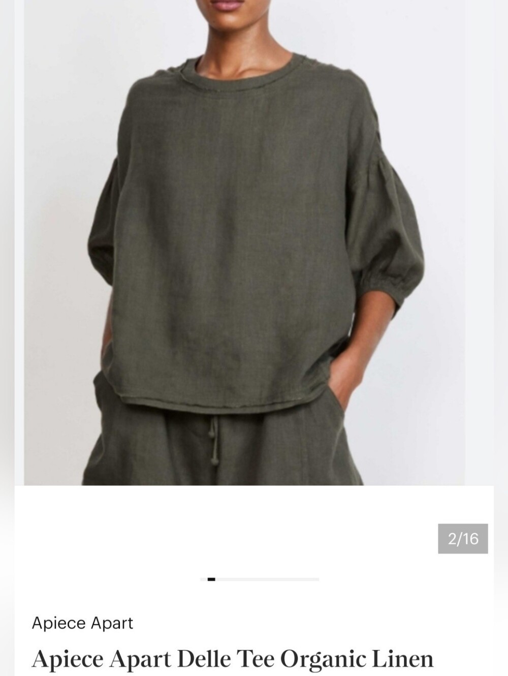 A Piece Apart Delle Organic Linen Tee Olive Green Puff Sleeve Top XS